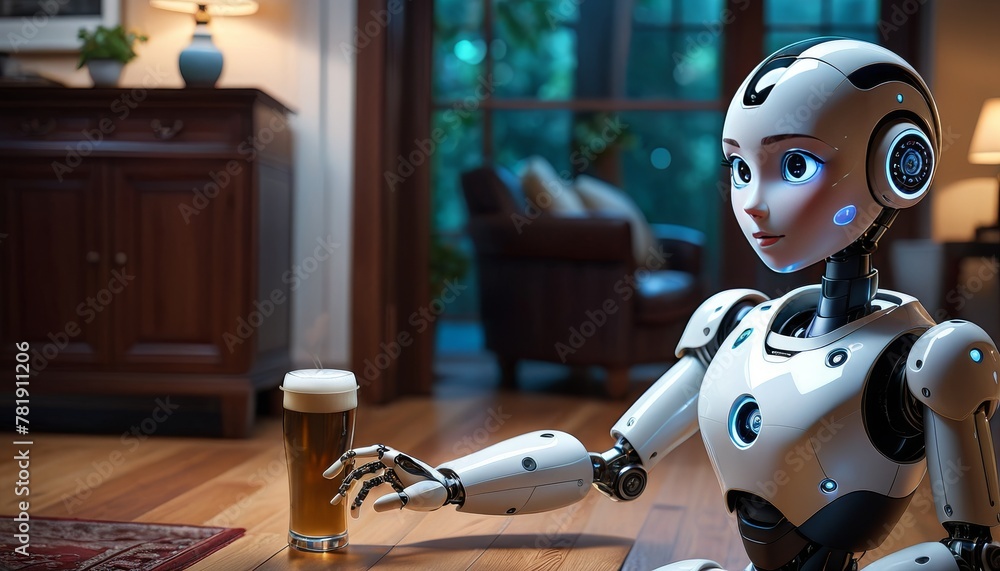 Poster a white service robot gently grips a pint of beer, preparing to serve it in a cozy living room, blen