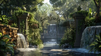 A riverside villa entrance with a wrought iron gate and cascading waterfall feature.