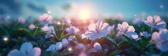 a group of white flowers sitting on top of a lush green field under a bright blue sky with the sun shining down on the horizon in the distance behind them.