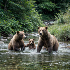 산 속 작은 개울에서 물놀이하는 곰 가족