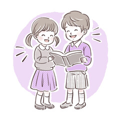 一緒に本を読む男の子と女の子のイラスト素材