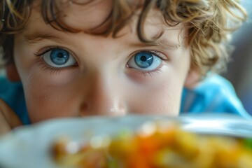 Naklejka premium close up of a child's curious gaze at a bowl of colorful food