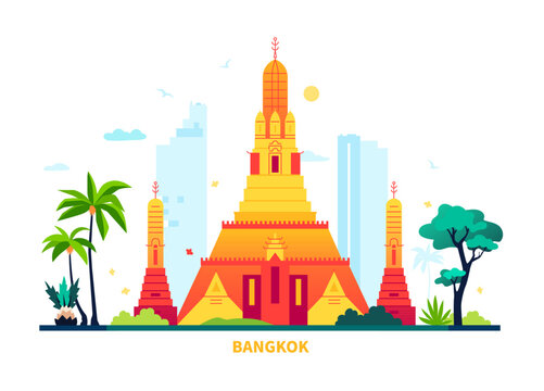 Buddhist building in Bangkok - modern colored vector illustration with Sunrise Temple Wat Arun against the backdrop of a modernist city and skyscrapers. Mixing eras in architecture, sian culture idea