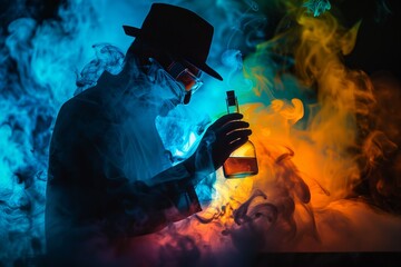silhouette scientist colorful smoke mysterious experiment