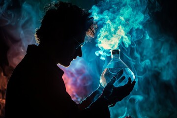 Silhouetted Scientist Holding a Flask with Colorful Smoke