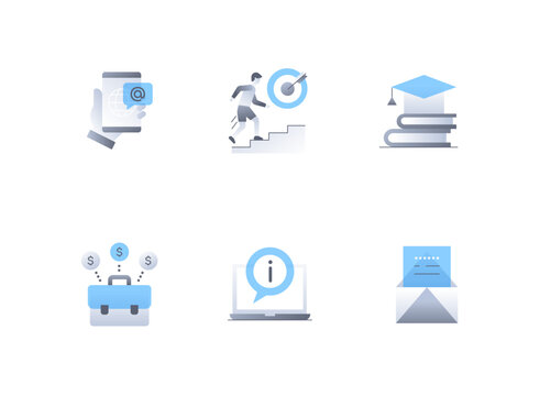 Business and Information - flat design style icons set. High quality colorful images of message online, up the career ladder, books and knowledge, work and finance, an envelope with a letter