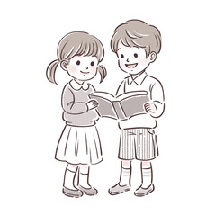 一緒に本を読む男の子と女の子のイラスト素材