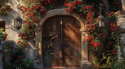 A rustic villa entrance adorned with a wooden gate, lanterns, and climbing roses.