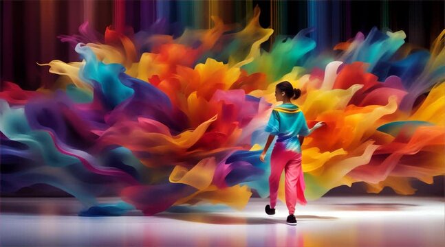 Dancer with vibrant multicolored abstract smoke effect on a dark background. Creative digital art for performance concept with copy space for design and print
