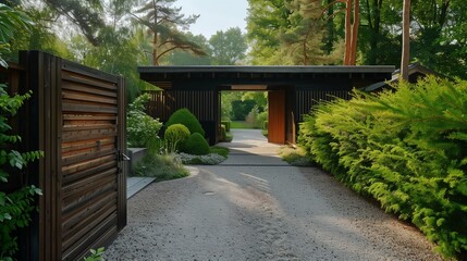 A Scandinavian villa entrance with a minimalist wooden gate and gravel driveway.