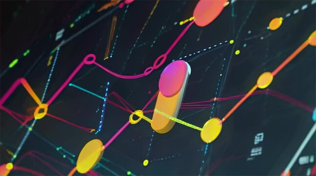 Graphical representation of a dynamic statistical data analysis with colorful lines and dots on a dark background. Concept of business analytics and performance metrics.