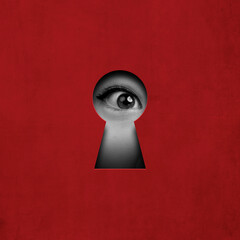 Curiosity and exploration. Female eye looking in keyhole on red background. Contemporary art collage. Conceptual design. Concept of creativity, abstract art, imagination and inspiration.