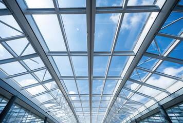 Modern Glass Ceiling Against a Blue Sky Background