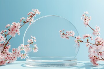 cherry blossoms framing transparent circular glass display on blue background