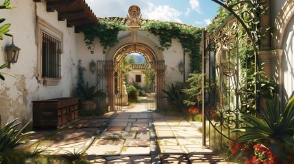 A Spanish villa entrance with a wrought iron gate and tiled courtyard.