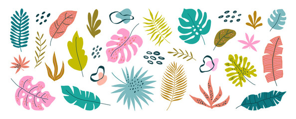 Set of hand drawn colorful abstract tropical leaves. Summer design elements. Vector trendy illustration.