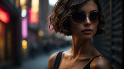A woman in sunglasses standing on a city street. AI.