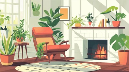 Fireplace, comfortable chair and plant, home interior, 3d illustration