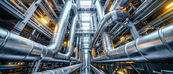 Array of industrial Pipes in and around Buildings Wallpaper Cover Background Brainstorming