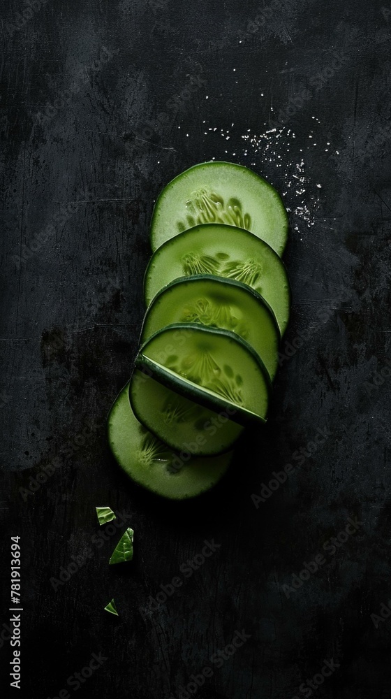 Poster sliced cucumber on a black surface with salt sprinkled around it. ai.