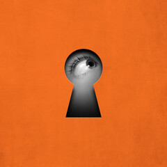 Intrigue and mystery. Fear for unknown. Female eye looking in keyhole on orange background. Contemporary art collage. Conceptual design. Concept of creativity, abstract art, imagination - obrazy, fototapety, plakaty