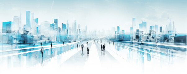 Futuristic Cityscape with Business Professionals Walking