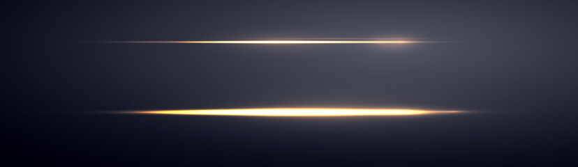 Gold horizontal lensflares. Light flash with rays or gold spotlight and bokeh. Yellow glow flare light effect. Vector illustration. Isolated on dark background.