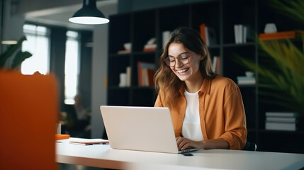 Smiling Businesswoman Succeeding in Modern Office