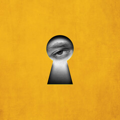 Sad and tired male eye looking into keyhole on yellow background. Contemporary art collage....