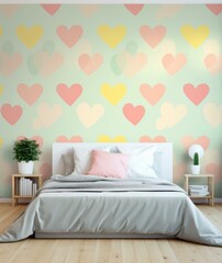 A bedroom with a large bed and colorful hearts on the wall. AI.