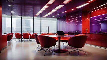 A table and chairs in a large room with red walls. AI.