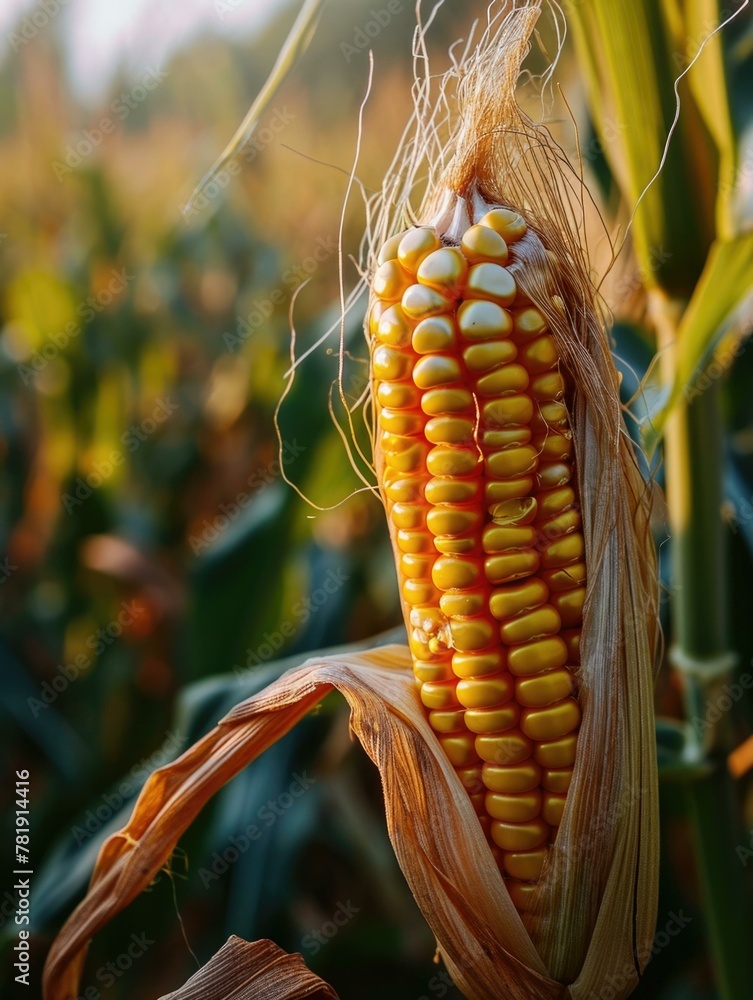 Poster a close up of a corn cob in the field with leaves. ai.