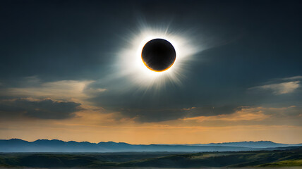 A total solar eclipse. The moon completely blocks the sun, presenting a spectacular and mysterious astronomical spectacle. - Powered by Adobe