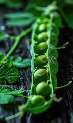 A close up of a green bean pod with leaves and seeds. AI.