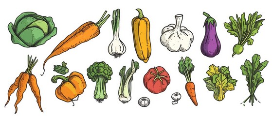 Colorful Hand Drawn Assorted Vegetables Set