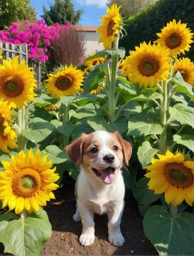 A puppy sitting in a garden of sunflowers with his tongue out. AI.