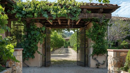 A vineyard villa entrance with a wrought iron gate and grapevine-covered pergola.