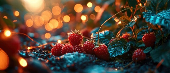 A bunch of raspberries are sitting on the ground with lights. AI.