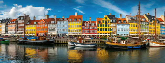 Colorful Waterfront Buildings in Copenhagen Panorama - obrazy, fototapety, plakaty