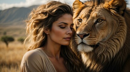 A woman is standing next to a lion in the field. AI.