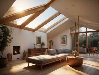 Fototapeta premium A living room with a large couch and skylights above. AI.