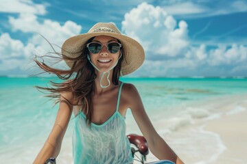 Girl with Bicycle on White Sandy Beach, Young Beautiful Woman Vacation, Fashion Hat