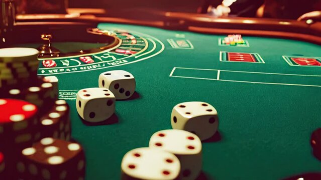A close-up of a green roulette game and casino chips in a modern casino. The image conveys the idea of gambling addiction and wealth. AI-generated.