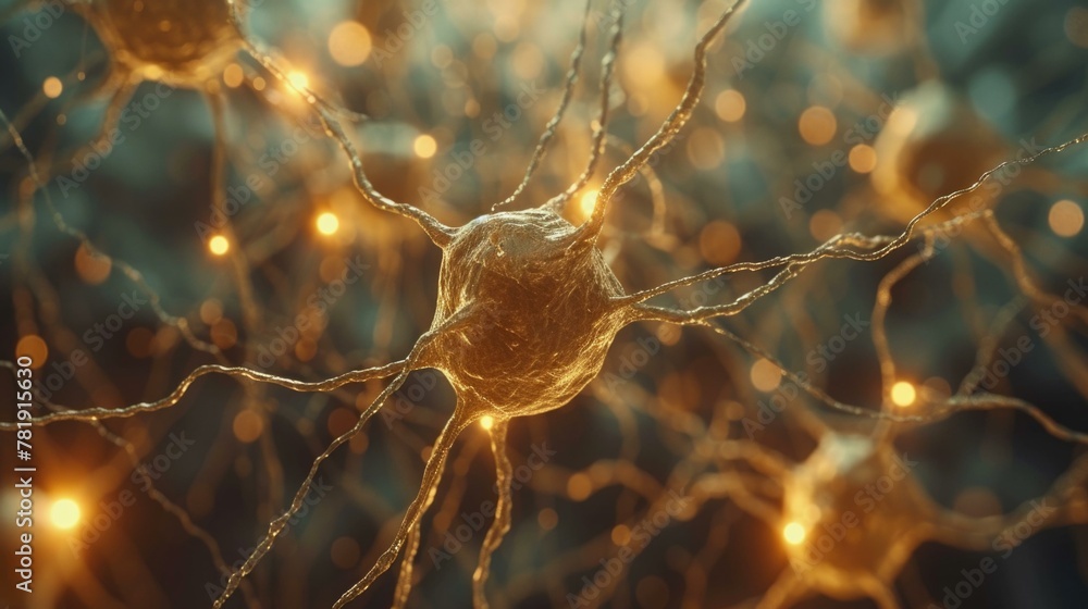 Poster a close up of a neuron cell with lights shining on it. ai.