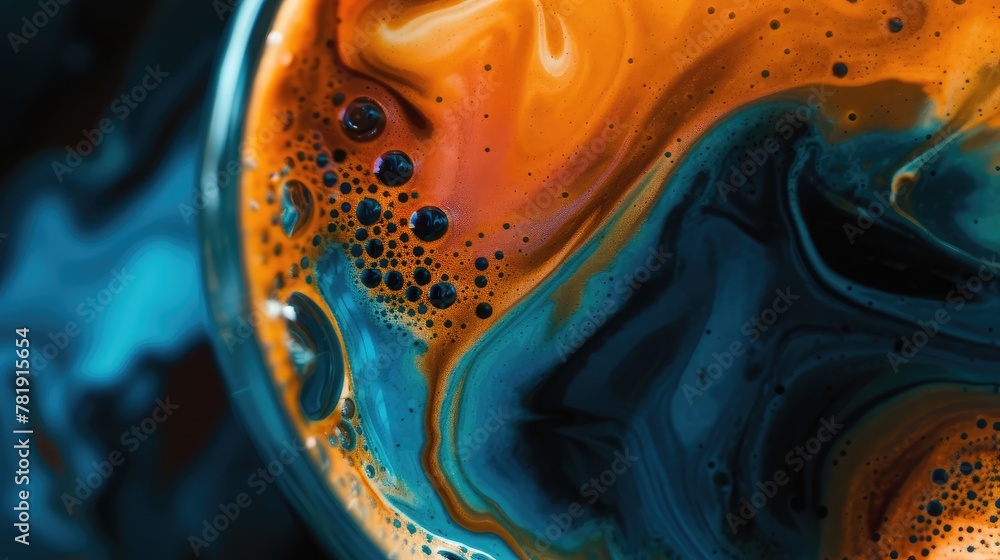 Sticker Swirling Blue and Orange Marbled Art Close-up