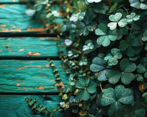 A close up of a green painted wooden bench with ivy growing on it. AI.