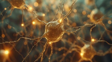 A close up of a neuron cell with lights shining on it. AI.