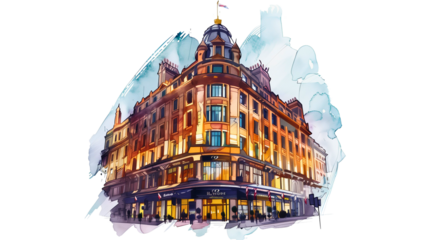 Scenic European city street at night with a towering old cathedral illuminated against the urban sky