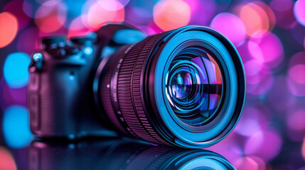 Fototapeta na wymiar camera lens with purple and blue lights with a colorful bokeh