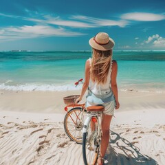 Fototapeta na wymiar Girl with Bicycle on White Sandy Beach, Young Beautiful Woman Vacation, Fashion Hat